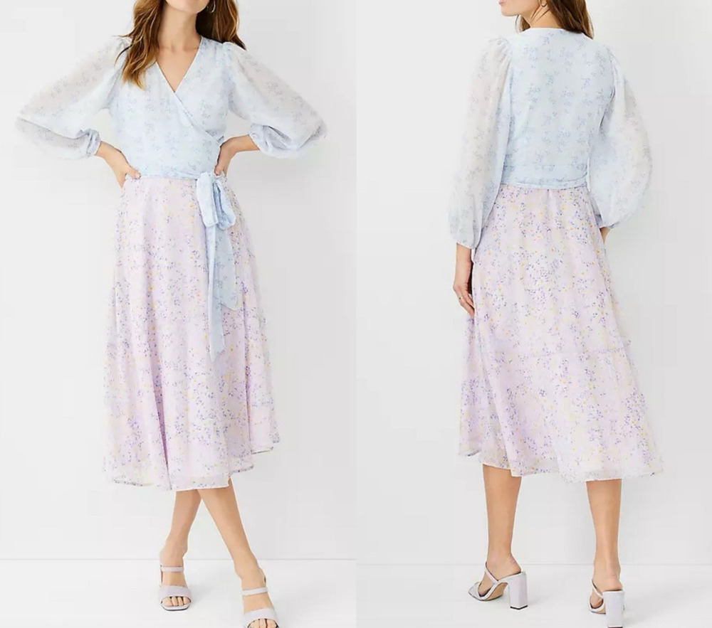 Ann Taylor Wrap Dress 10 Mixed Floral Midi 3/4 Sleeve Party Event Blue Purple